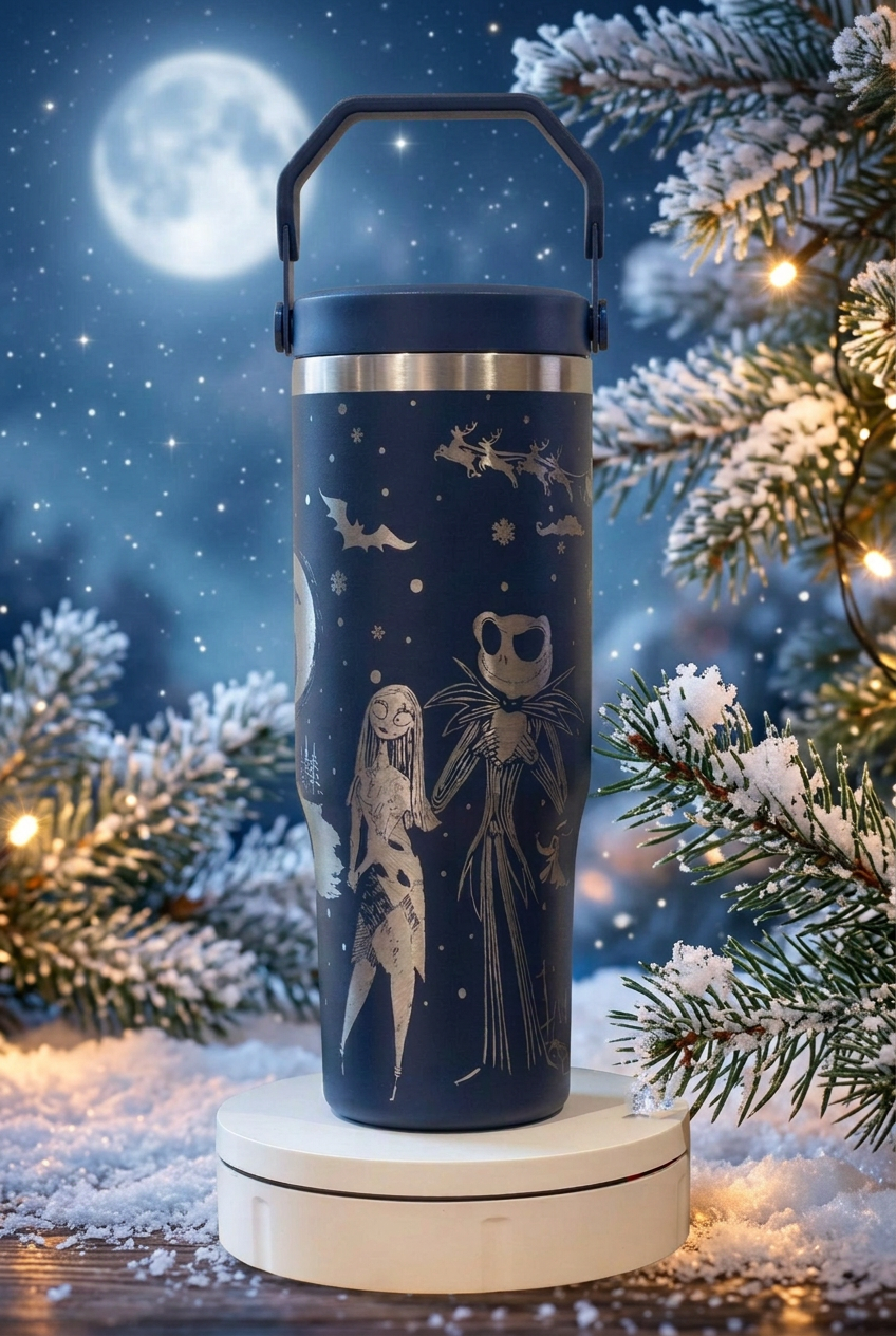 Navy 30oz thermal tumbler with silver-toned Night Before Christmas engraving and colour-matched carry-handle lid, on a moonlit festive background