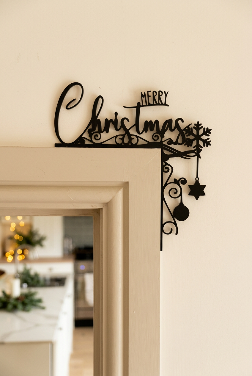 Merry Christmas door frame corner decoration in a festive interior