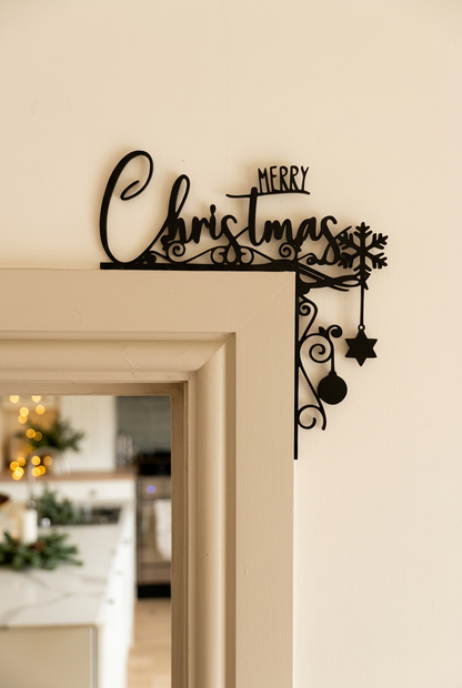 Merry Christmas door frame corner decoration in a festive interior