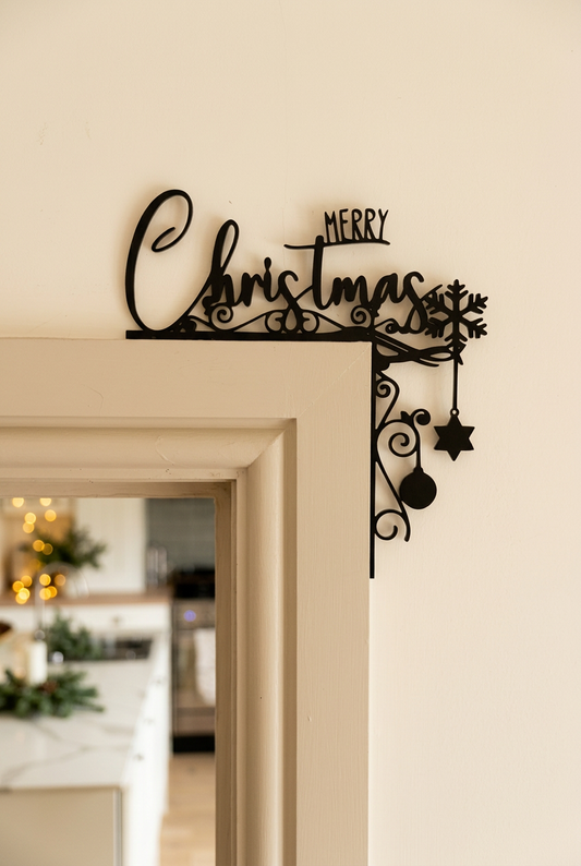 Merry Christmas door frame corner decoration in a festive interior