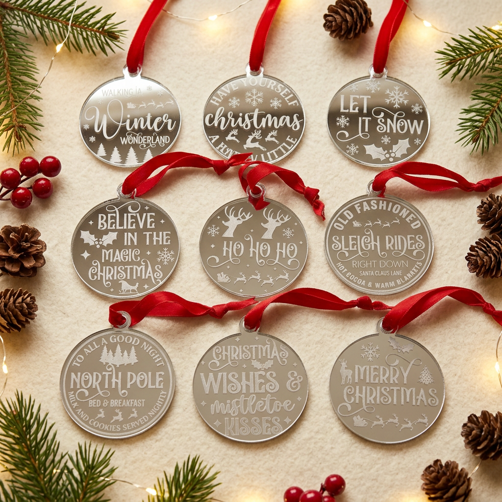 Silver mirrored Christmas decorations in a festive setting