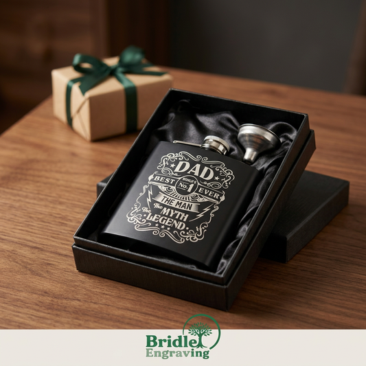 Dad engraved black hip flask gift set on a warm walnut tabletop with gift wrapping and Bridle Engraving logo