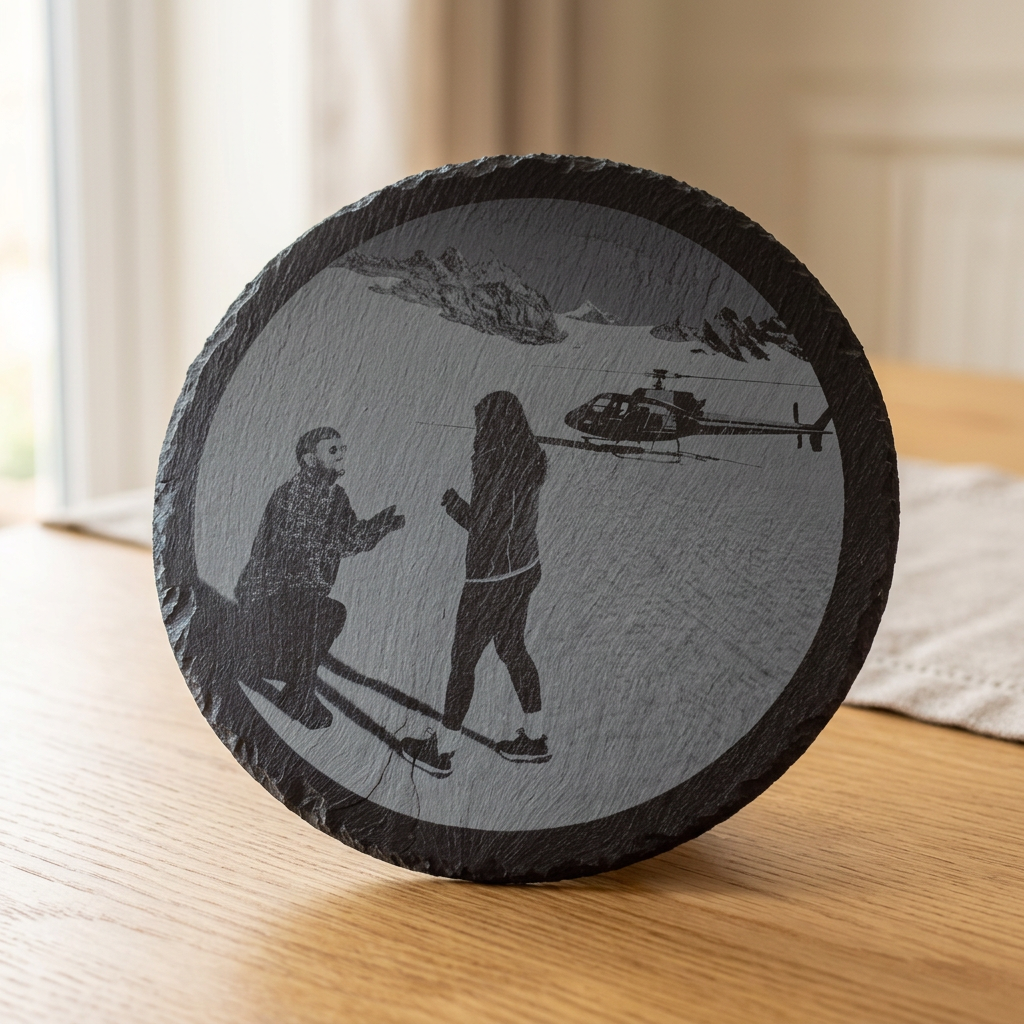 Proposal photograph engraved on round slate on an oak table