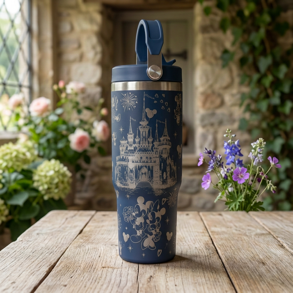 Navy castle-engraved tumbler in a country cottage setting