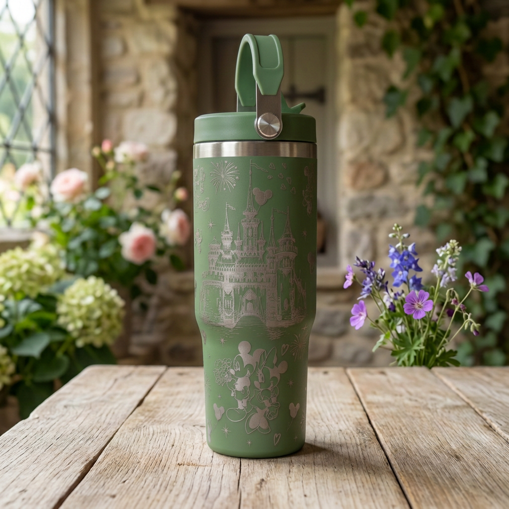 Green castle-engraved tumbler in a country cottage setting