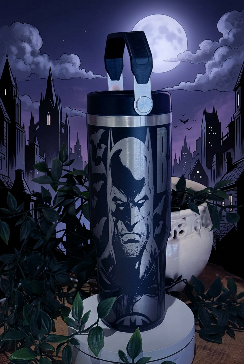 Black 30oz thermal tumbler with silver-toned engraved masked character artwork, on a moody night-city background