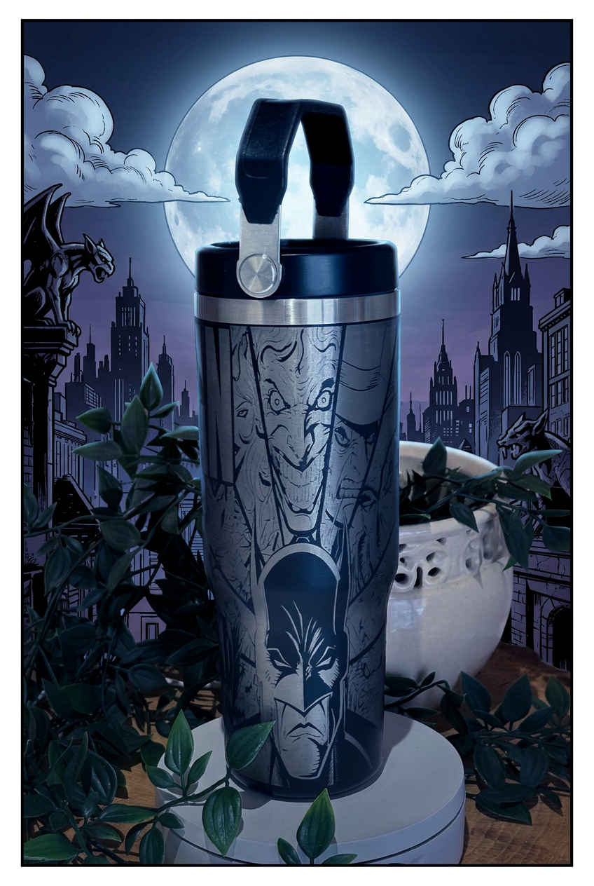 Black 30oz thermal tumbler with engraved villains artwork, on a moody night-city background