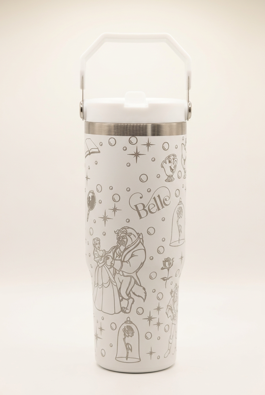 White 30oz Beauty and the Beast tumbler colour mock-up