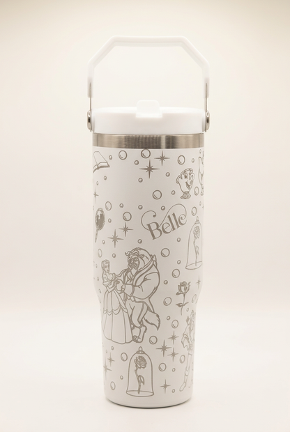 White 30oz Beauty and the Beast tumbler colour mock-up