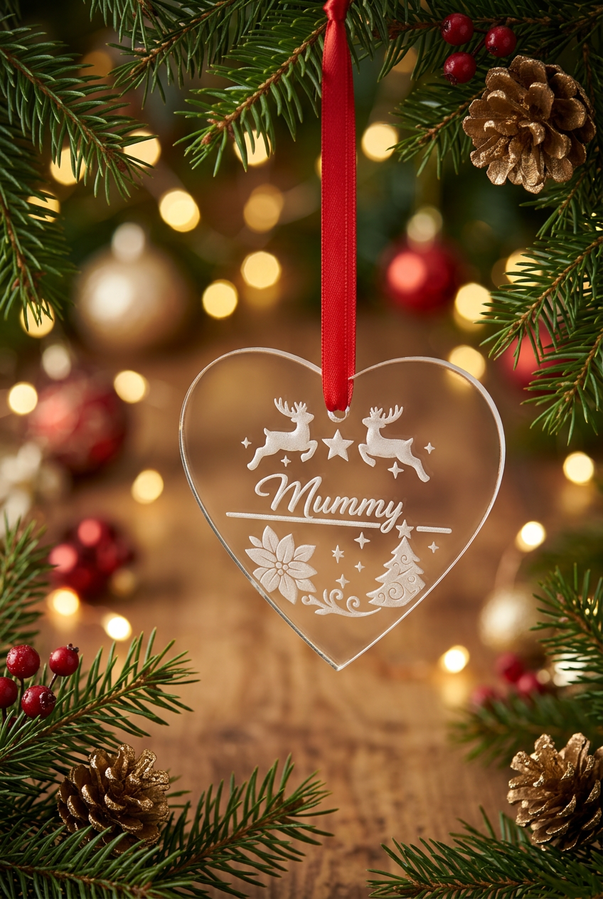 Personalised Mummy Christmas heart decoration in a festive setting