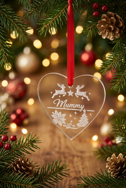 Personalised Mummy Christmas heart decoration in a festive setting