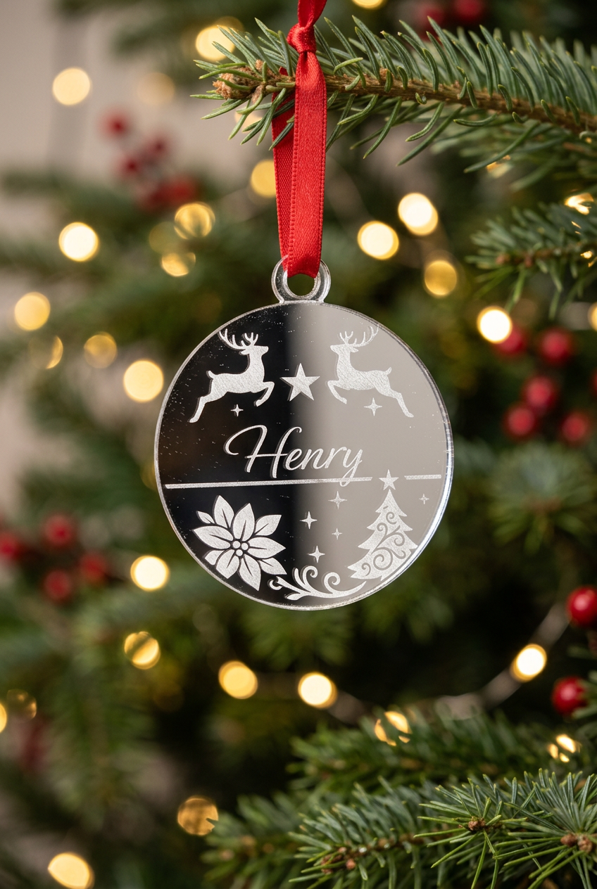 Henry personalised silver mirrored decoration in a festive setting
