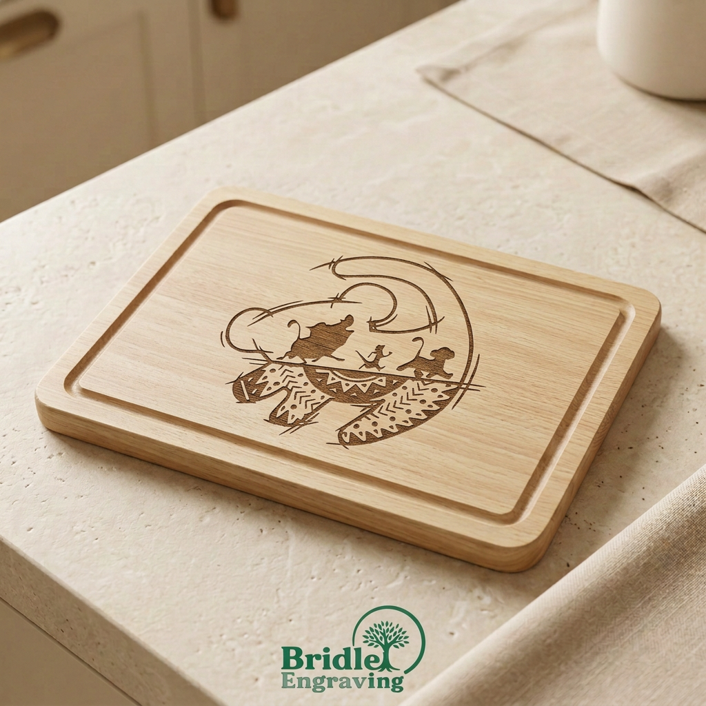 Lion-inspired engraved wooden chopping board on a warm neutral kitchen background with a small Bridle Engraving logo