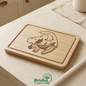 Lion-inspired engraved wooden chopping board on a warm neutral kitchen background with a small Bridle Engraving logo