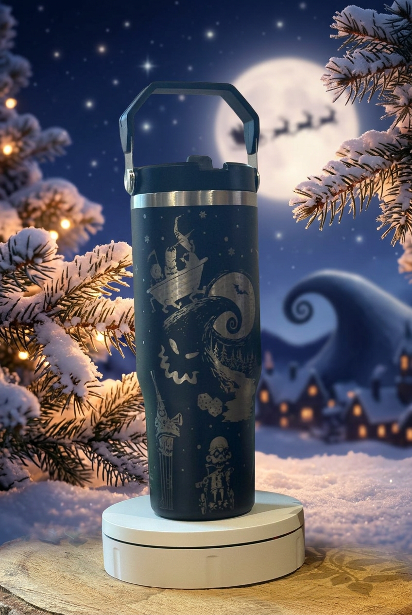 Black 30oz thermal tumbler with engraved spiral hill and characters, on a moonlit festive background