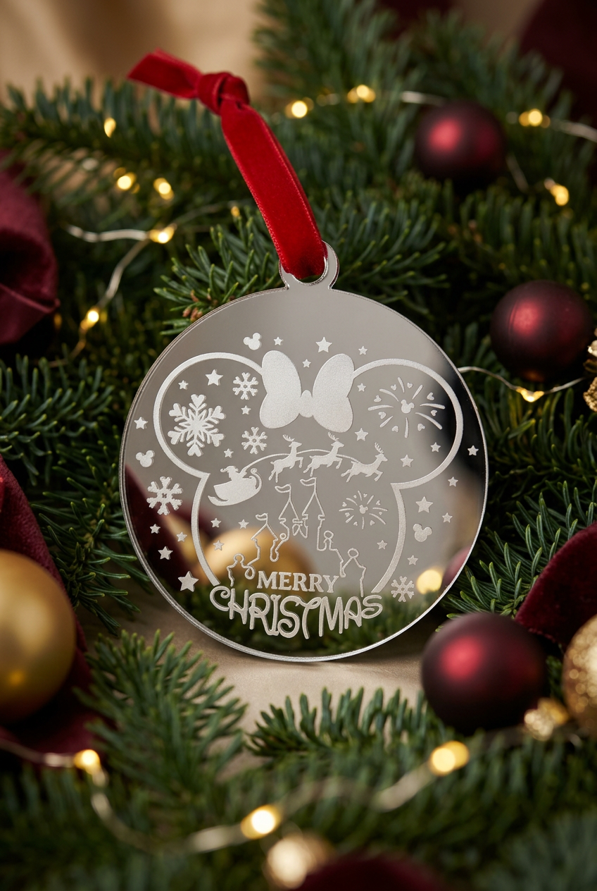 Silver mirror Christmas decoration, bow and sleigh design in a festive setting