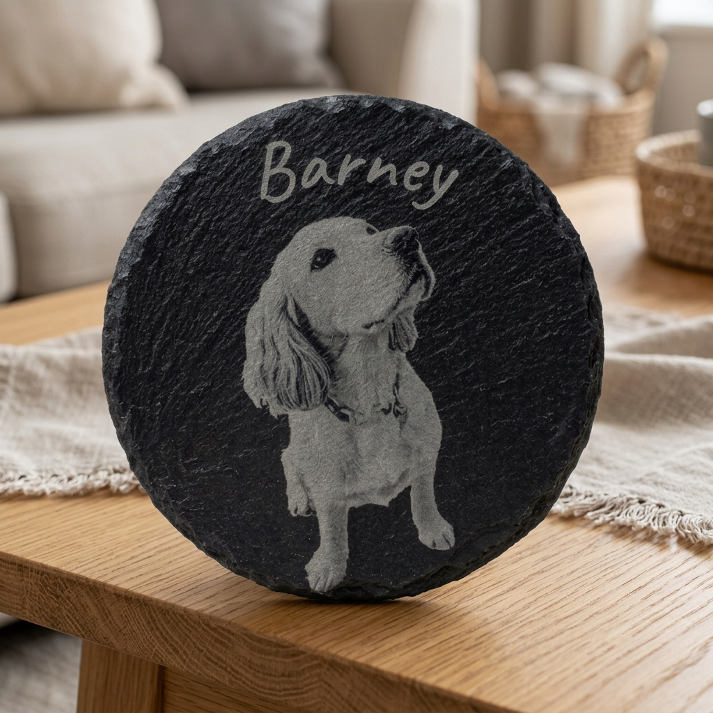 Personalised Barney slate coaster on an oak table