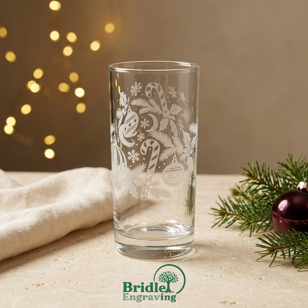 Candy cane and bauble engraved glass, second view, with festive background and Bridle Engraving logo