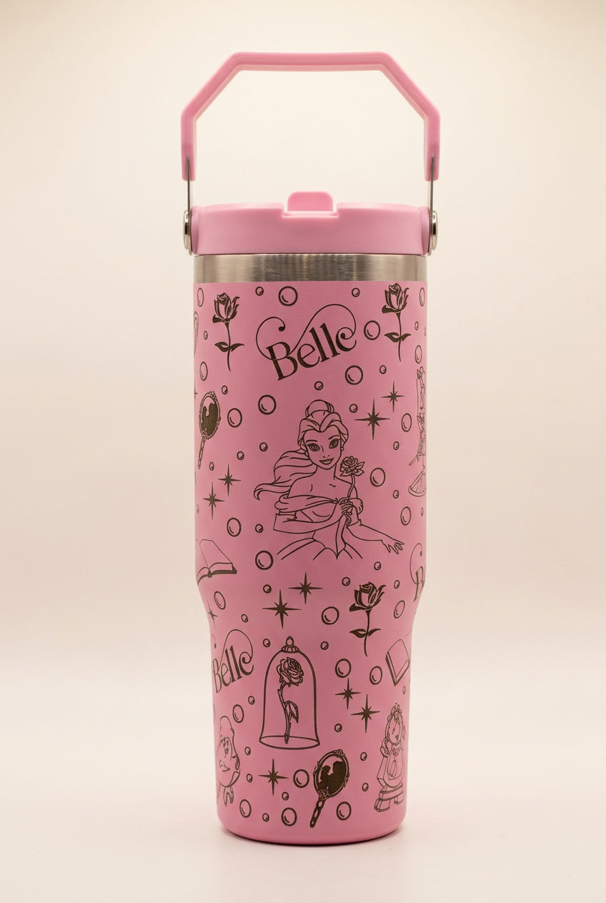 Pink 30oz Beauty and the Beast tumbler colour mock-up