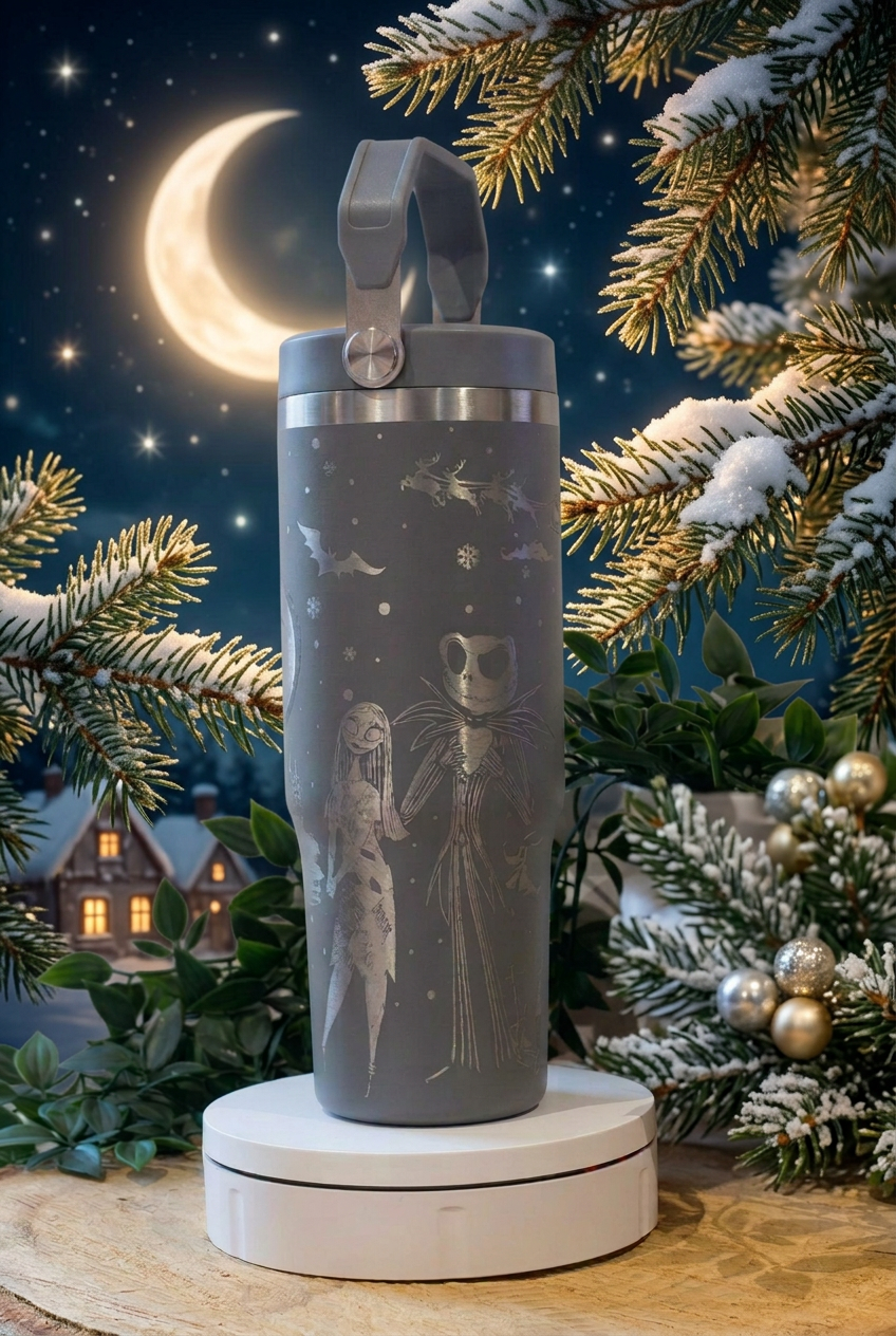 Gray 30oz thermal tumbler with silver-toned Night Before Christmas engraving and colour-matched carry-handle lid, on a moonlit festive background
