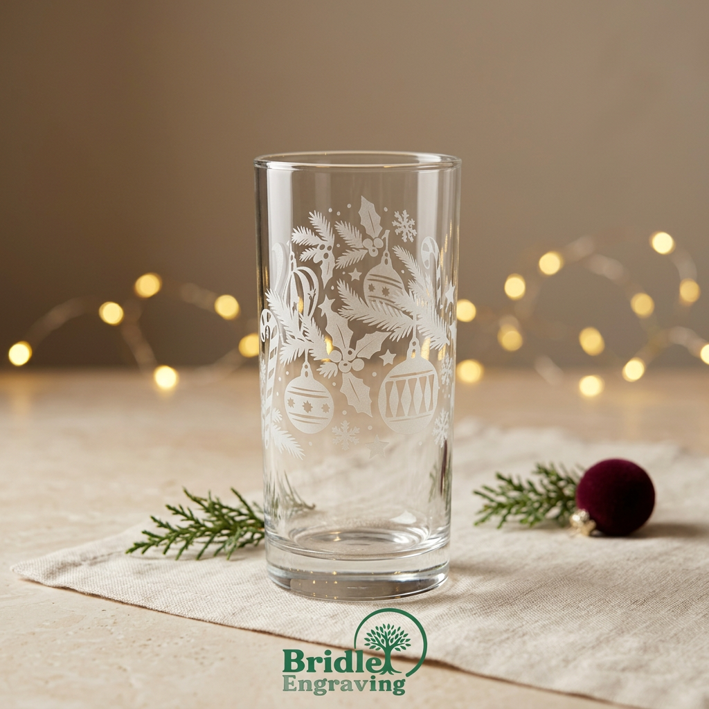 Christmas bauble engraved highball glass in a festive setting with fairy lights and Bridle Engraving logo