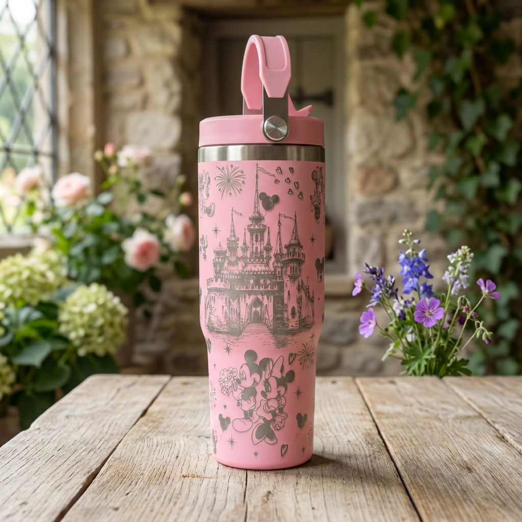 Pink castle-engraved tumbler in a country cottage setting