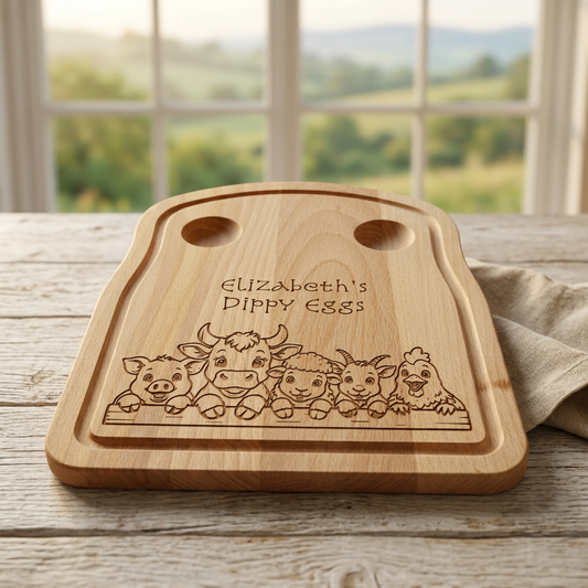Personalised farmyard dippy egg board in a rustic country-kitchen setting