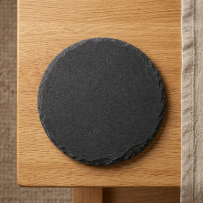 Blank round slate coaster on an oak table